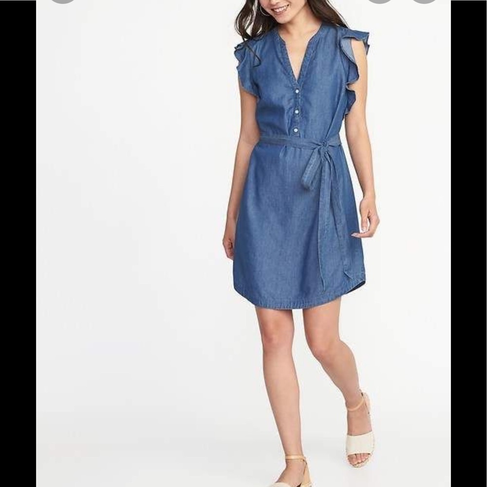 Old Navy Chambray Flutter Sleeve Toe Belt Shirt Dress